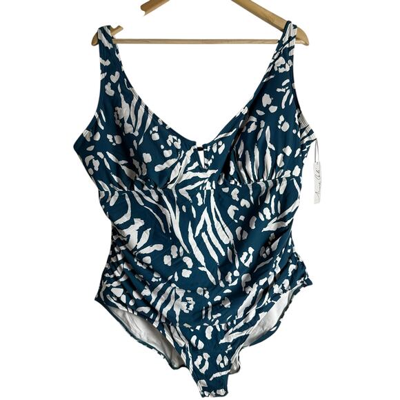 Anne Cole V-Wire Blue Jungle Fever Print One Piece Swimsuit Plus Size 24W - Picture 3 of 11